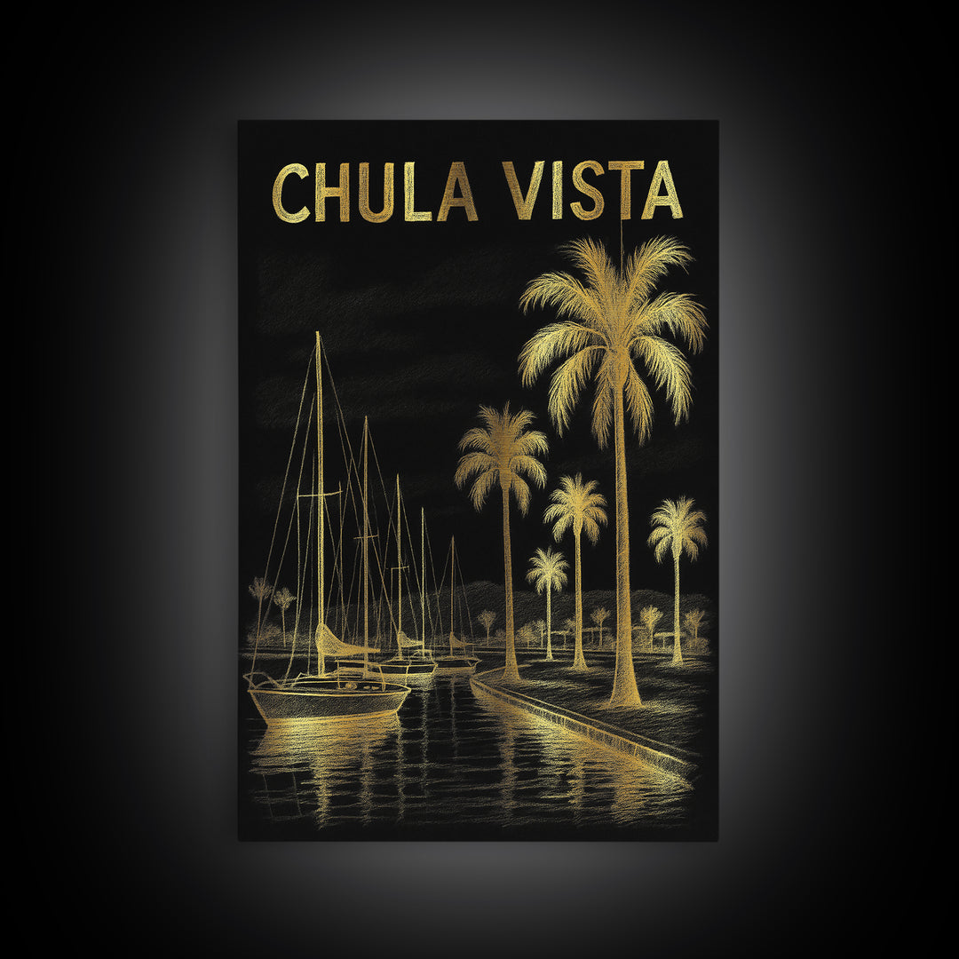 Chula Vista California Travel Poster, Canvas Print, Black And Gold Line Art, Chula Vista Wall Art, Travel Art Print, Travel Prints
