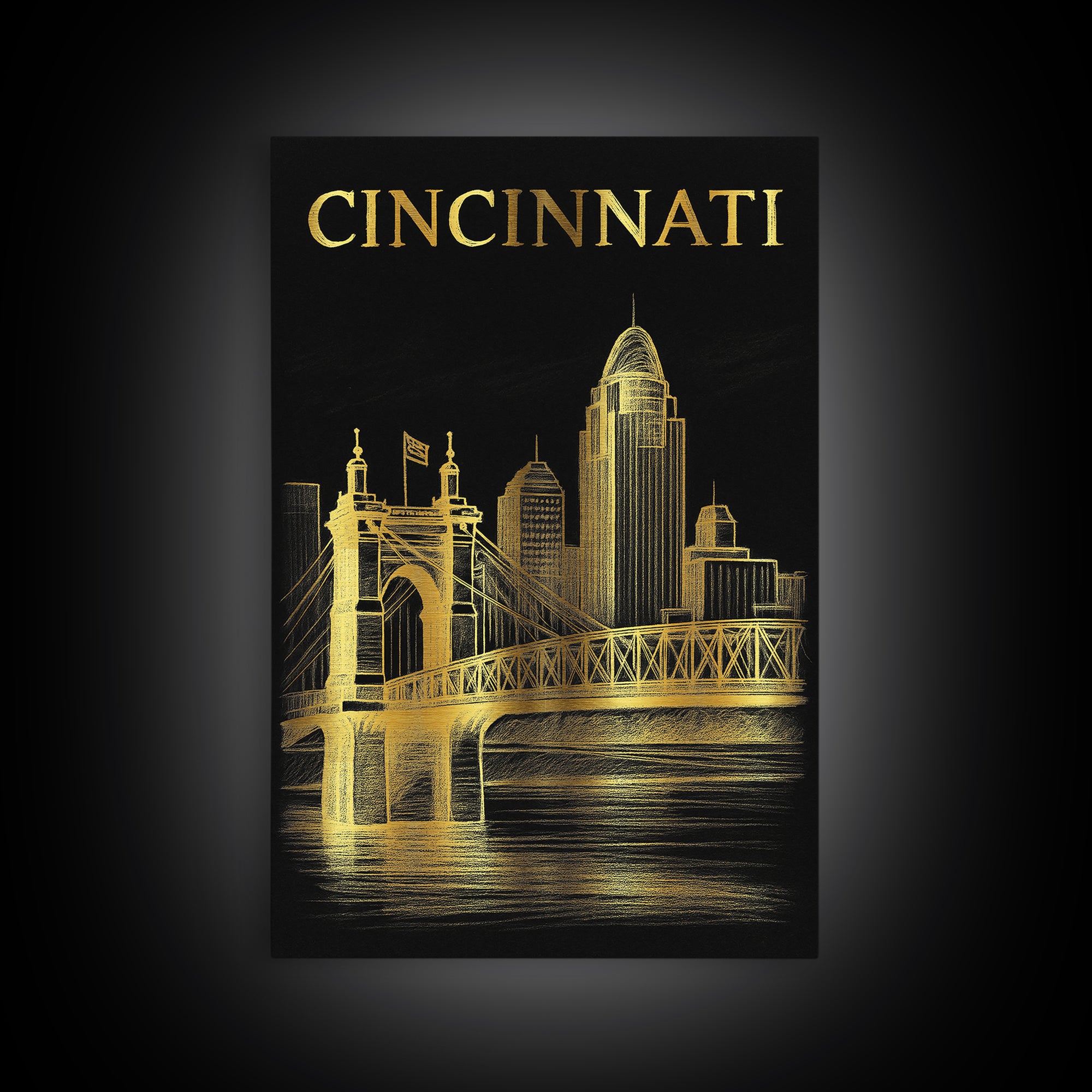 Cincinnati Ohio Travel Poster, Canvas Print, Dark Background Poster Art, Cincinnati Travel Art, Travel Art Print, Vintage Travel Print