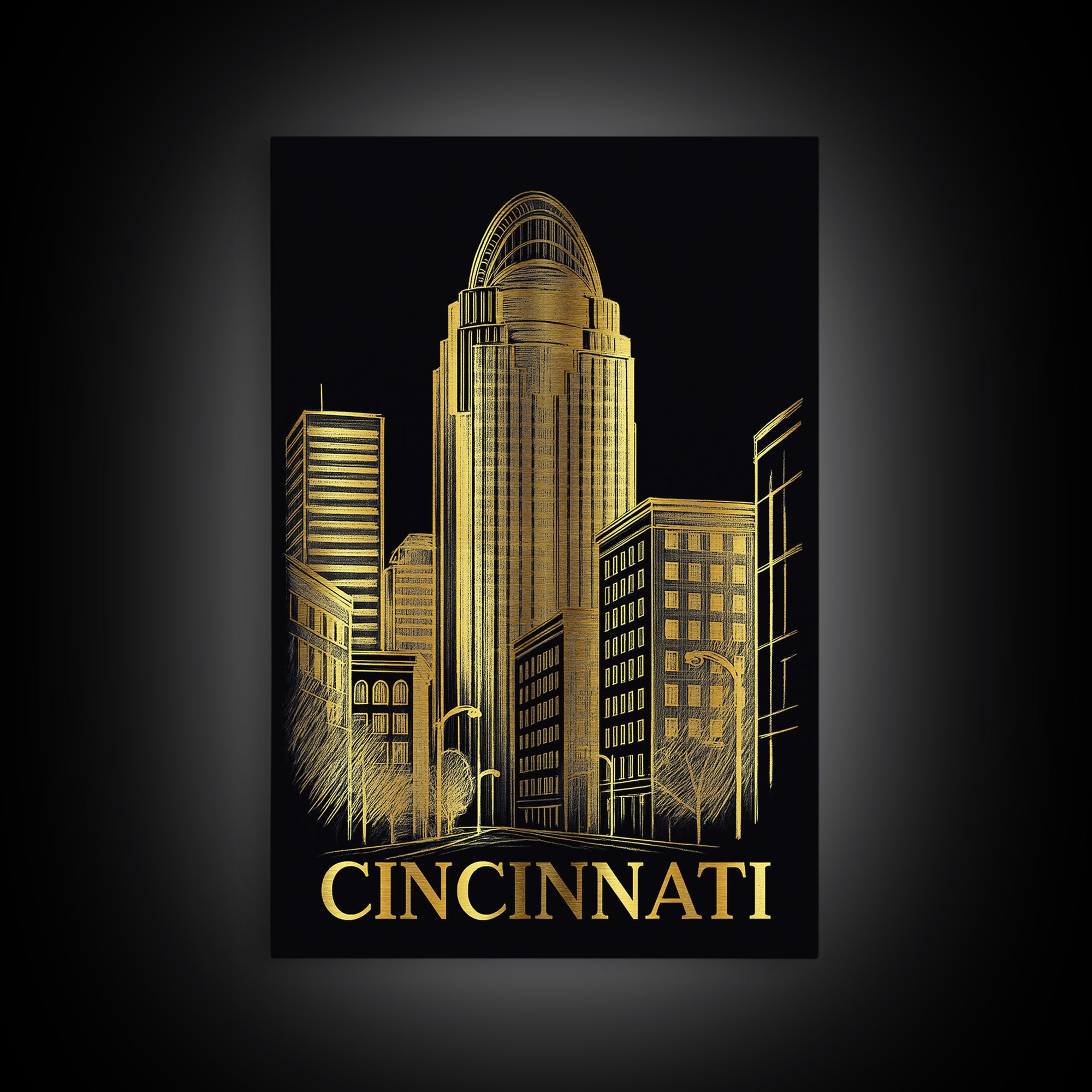 Cincinnati Travel Poster, Canvas Print, Elegant Gold City Art, Cincinnati Travel Art, Travel Poster Set, City Travel Prints, Art Print