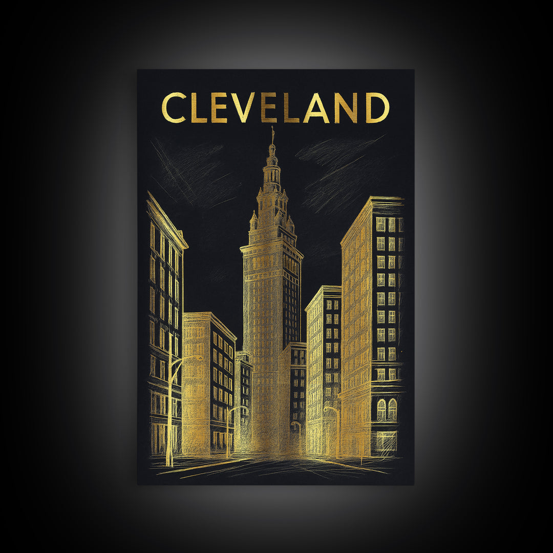 Cleveland Ohio Travel Poster, Framed Canvas Print, Elegant Gold City Art, Cleveland Wall Art, Fine Art Print, Travel Poster Set, Home Decor