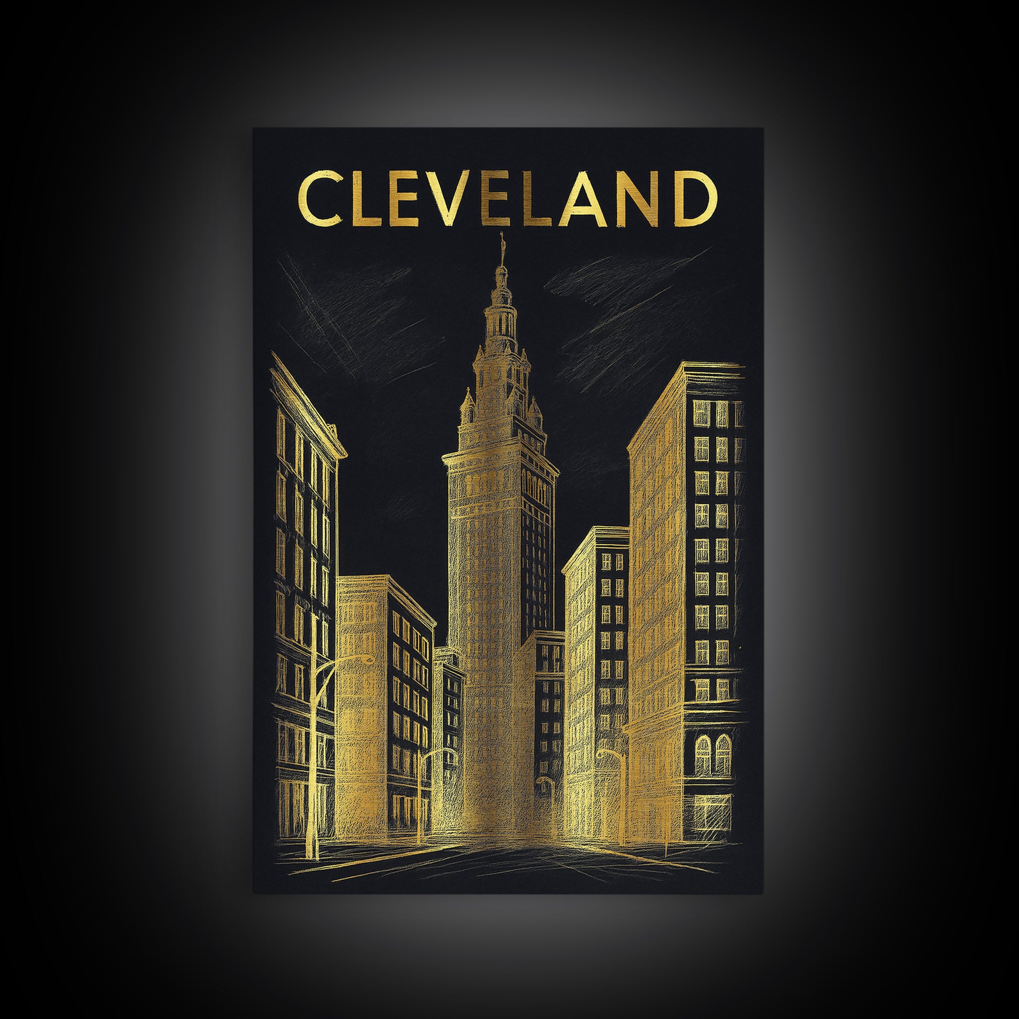 Cleveland Ohio Travel Poster, Framed Canvas Print, Elegant Gold City Art, Cleveland Wall Art, Fine Art Print, Travel Poster Set, Home Decor