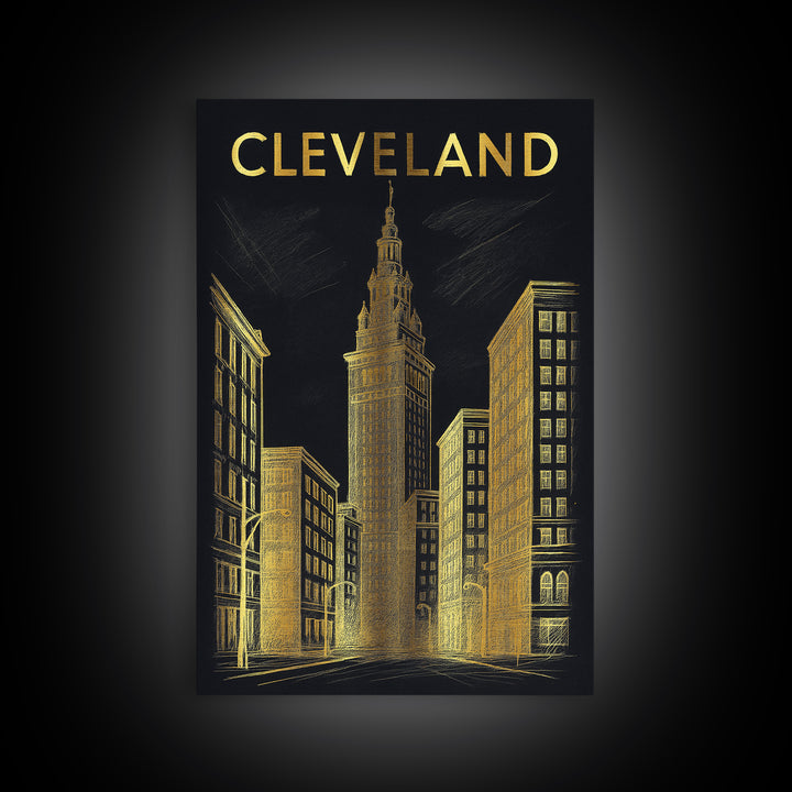 Cleveland Ohio Travel Poster, Framed Canvas Print, Elegant Gold City Art, Cleveland Wall Art, Fine Art Print, Travel Poster Set, Home Decor
