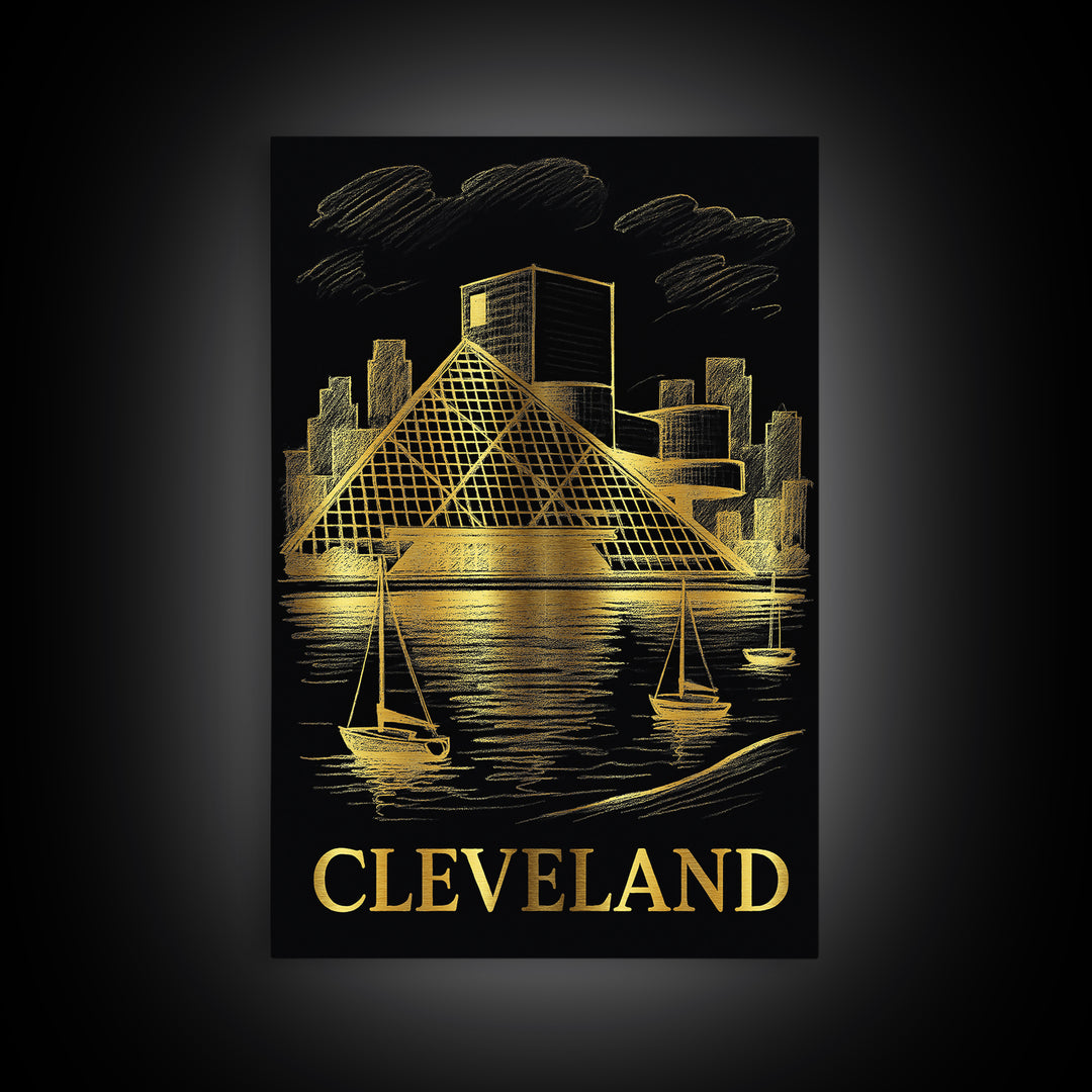 Cleveland Travel Poster, Framed Canvas Print, Gold Sketch Wall Art, Cleveland Travel Art, City Travel Prints, Mid Century Wall Art