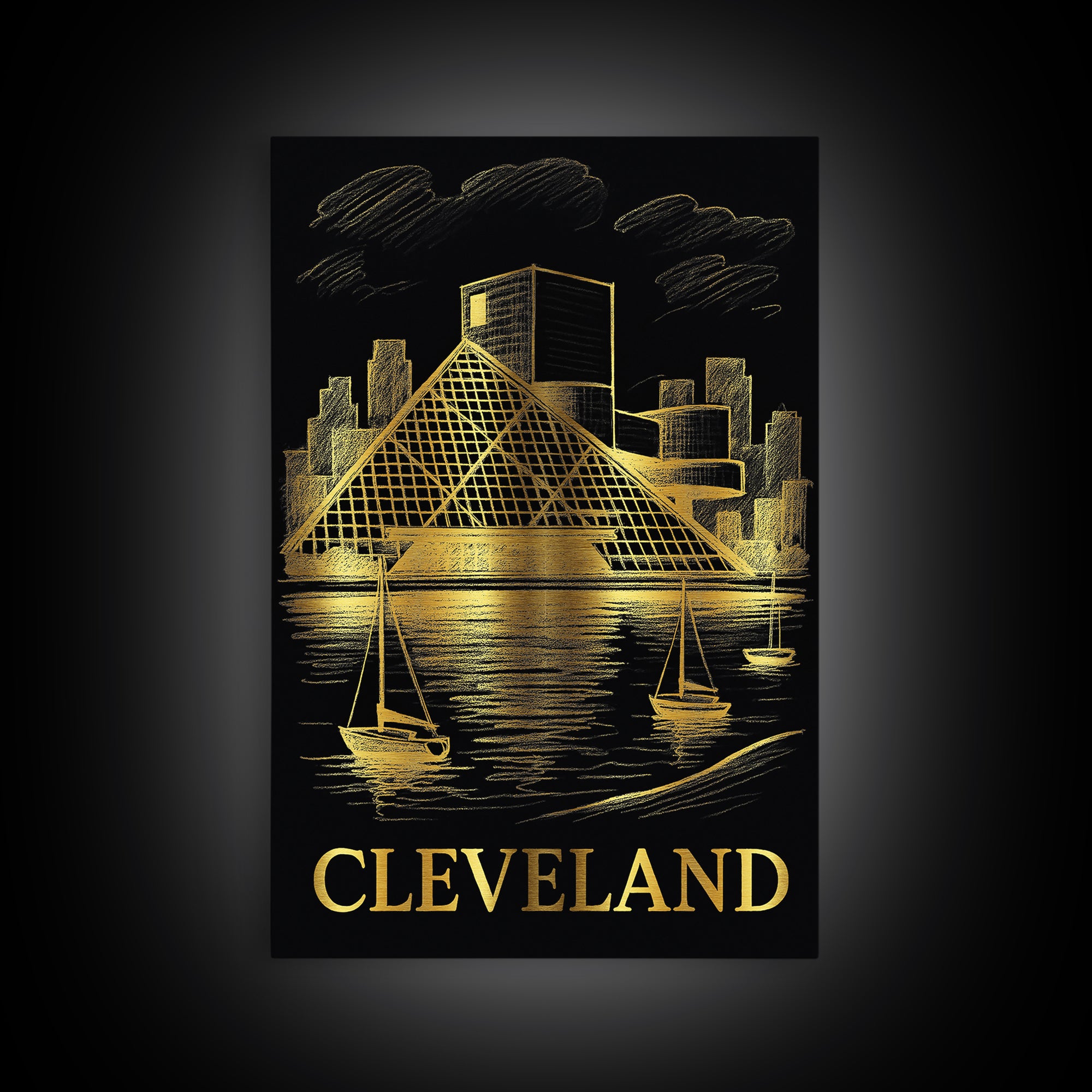Cleveland Travel Poster, Framed Canvas Print, Gold Sketch Wall Art, Cleveland Travel Art, City Travel Prints, Mid Century Wall Art