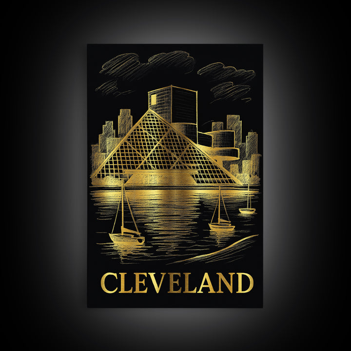 Cleveland Travel Poster, Framed Canvas Print, Gold Sketch Wall Art, Cleveland Travel Art, City Travel Prints, Mid Century Wall Art
