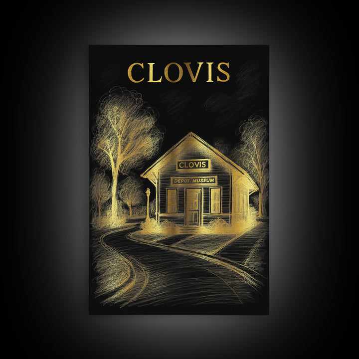 Clovis California Travel Poster, Canvas Print, Black And Gold Line Art, Clovis Poster Print, Wall Decor, Travel Wall Art, Wall Art