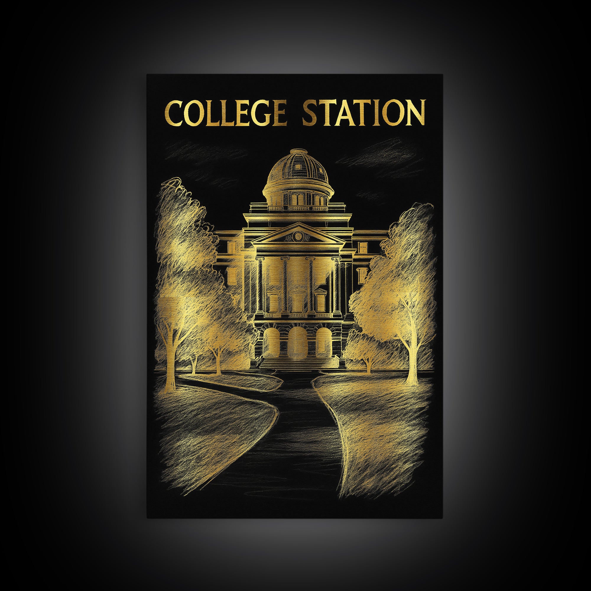 College Station Texas Travel Poster, Framed Canvas Print, Black And Gold Line Art, College Station Art Print, Eclectic Wall Decor, Art Print