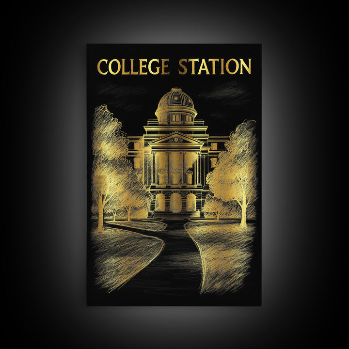 College Station Texas Travel Poster, Framed Canvas Print, Black And Gold Line Art, College Station Art Print, Eclectic Wall Decor, Art Print