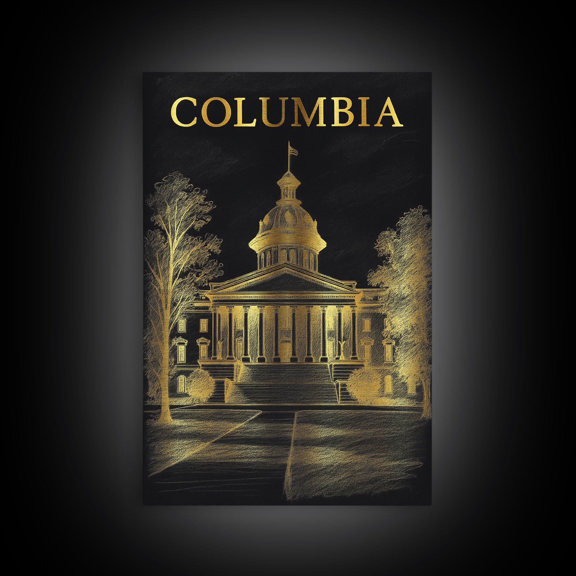 Columbia South Carolina Travel Poster, Canvas Print, Dark Background Poster Art, Columbia Poster Print, Travel Art Print, Wall Art