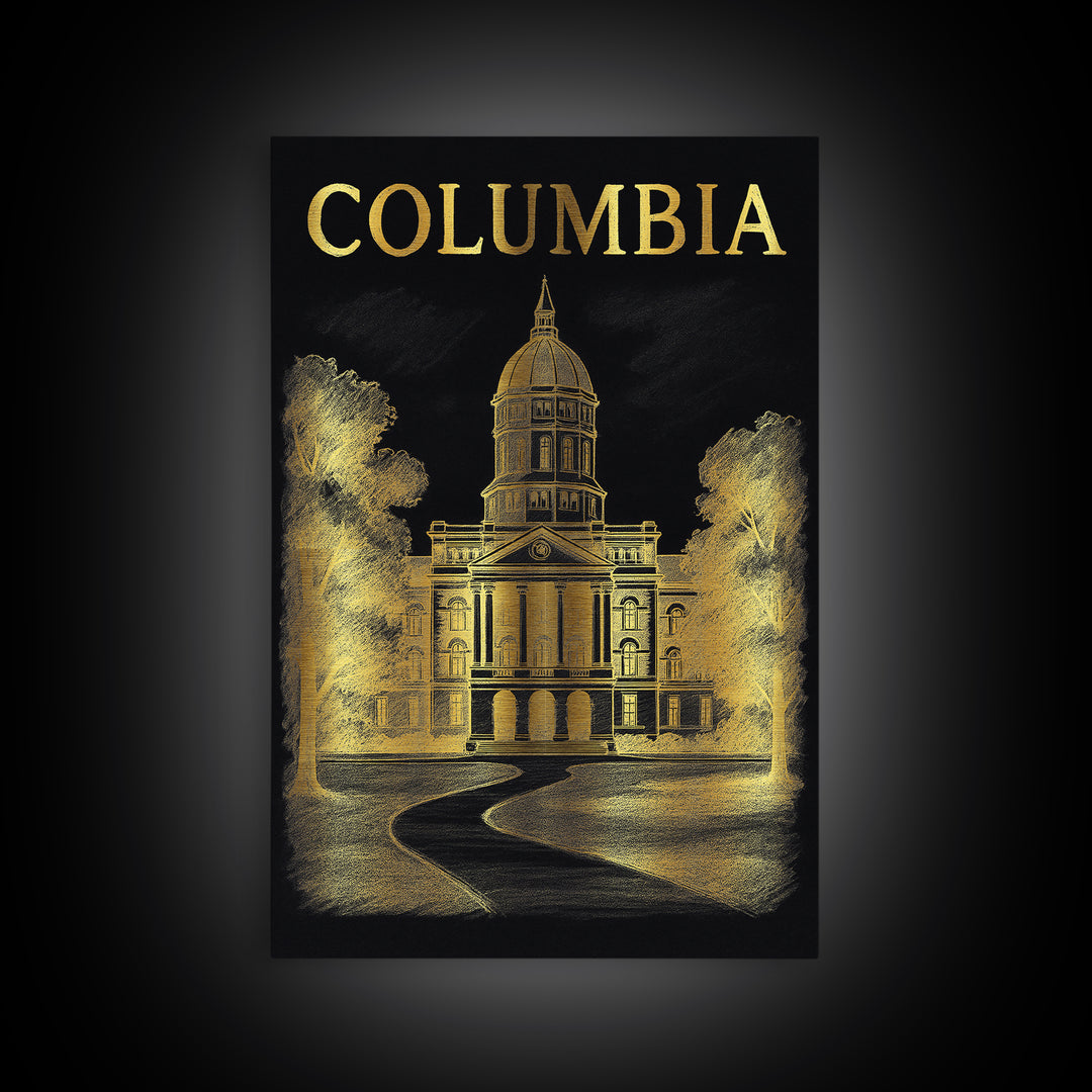 Columbia Travel Poster, Framed Canvas Print, Black And Gold Line Art, Columbia City Art, Home Office Decor, Travel Wall Decor, Design 2
