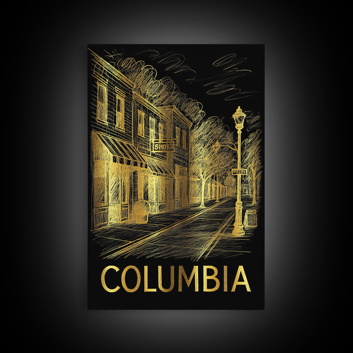 Columbia Travel Poster, Framed Canvas Print, Black And Gold Line Art, Columbia Poster Print, Retro Travel Print, Vintage City Poster