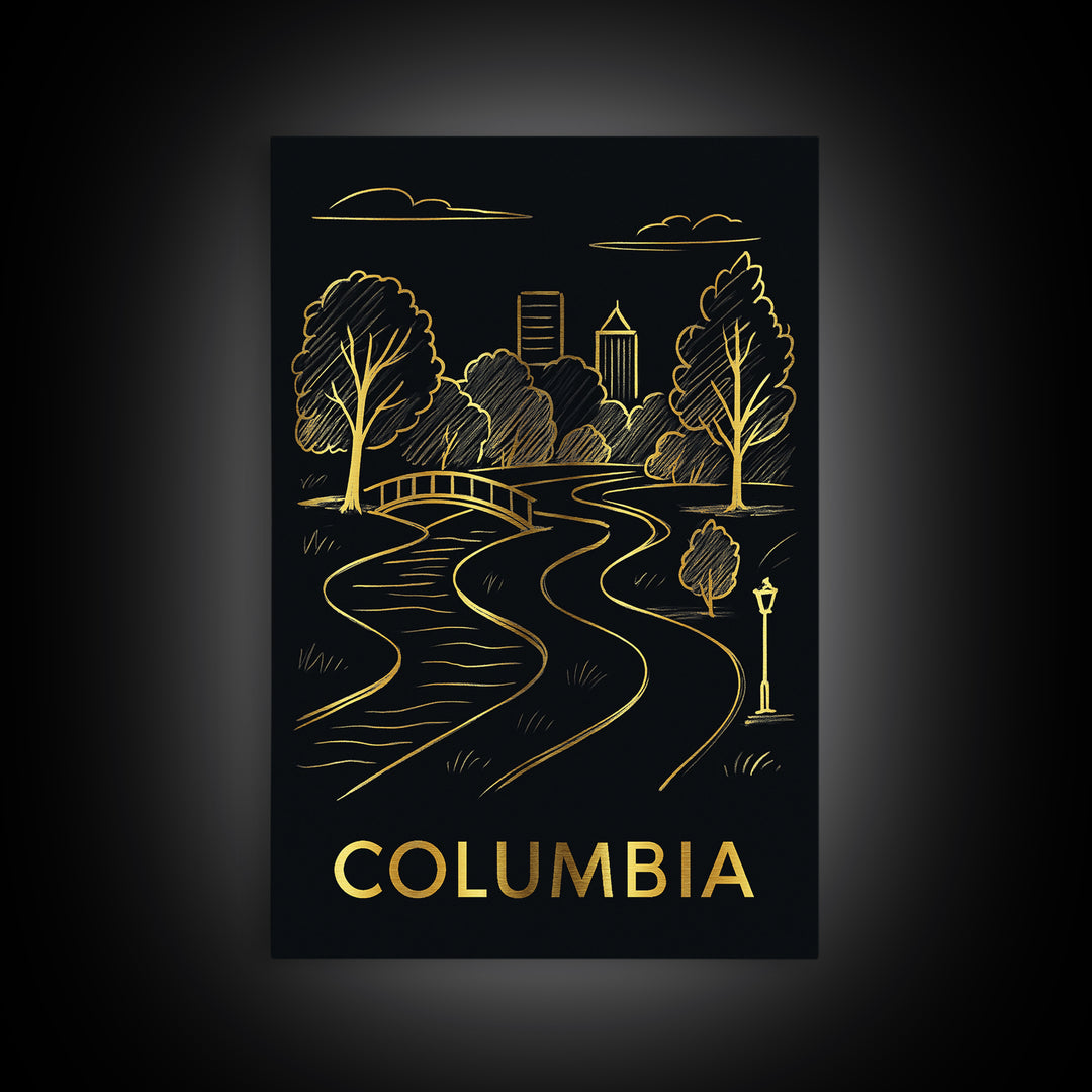 Columbia Travel Poster, Framed Canvas Print, Dark Background Poster Art, Columbia Travel Art, Living Room Wall Art, Vintage Travel Print