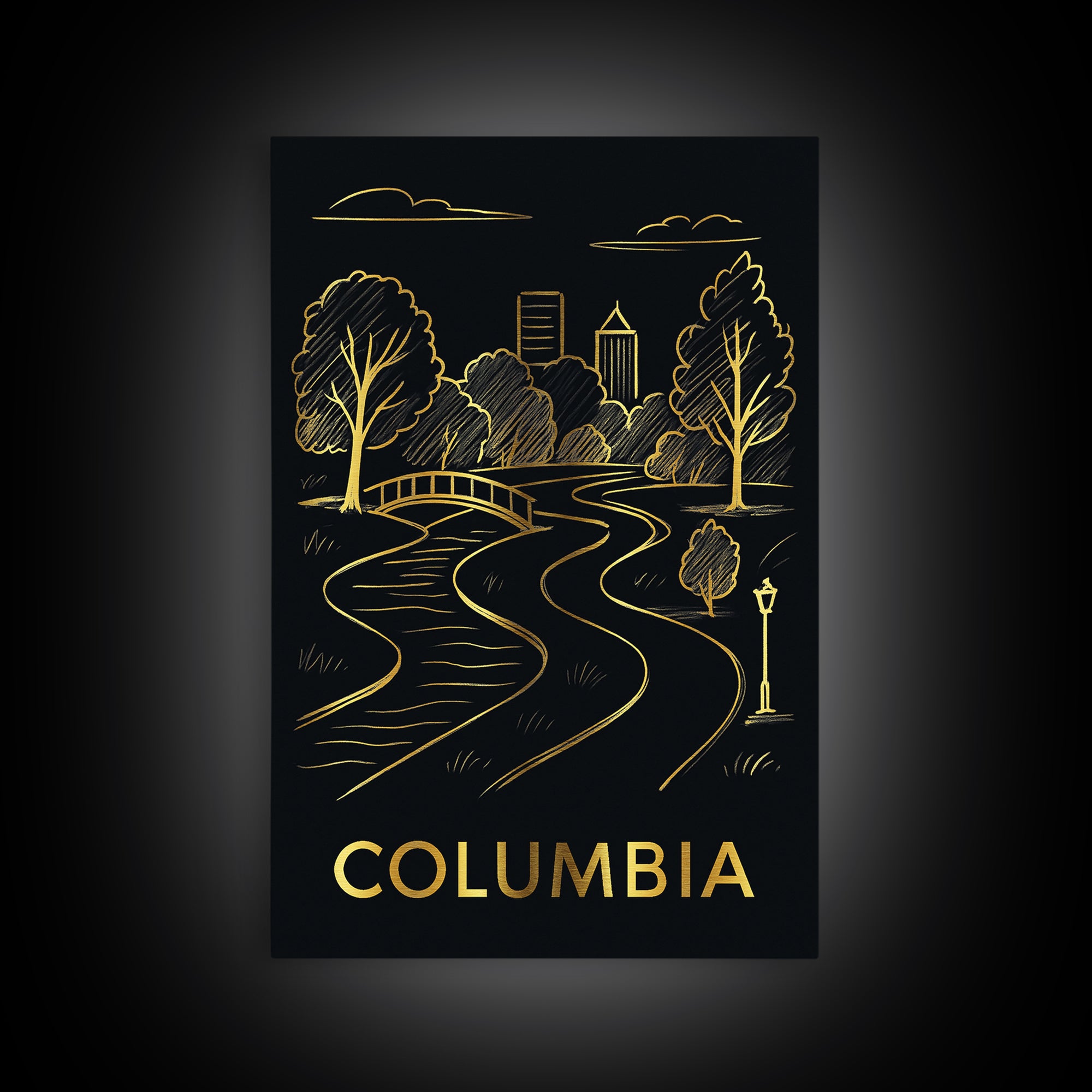 Columbia Travel Poster, Framed Canvas Print, Dark Background Poster Art, Columbia Travel Art, Living Room Wall Art, Vintage Travel Print