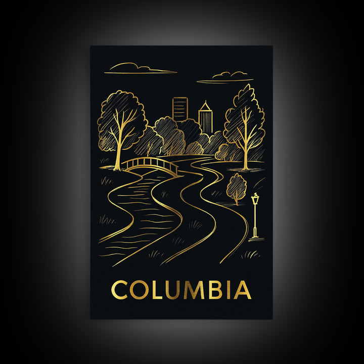 Columbia Travel Poster, Framed Canvas Print, Dark Background Poster Art, Columbia Travel Art, Living Room Wall Art, Vintage Travel Print