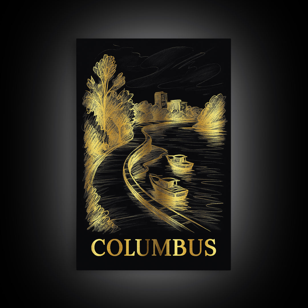 Columbus Travel Poster, Canvas Print, Dark Background Poster Art, Columbus Wall Art, Vintage Travel Art, Vintage Travel Print, Design 3