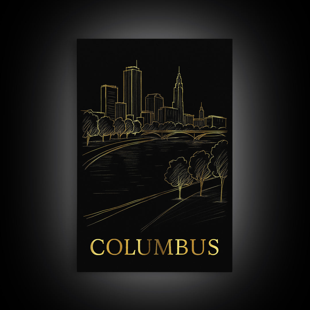 Columbus Travel Poster, Framed Canvas Print, Gold Sketch Wall Art, Columbus Art Print, Gift For Travelers, Vintage Travel Art, Design 5