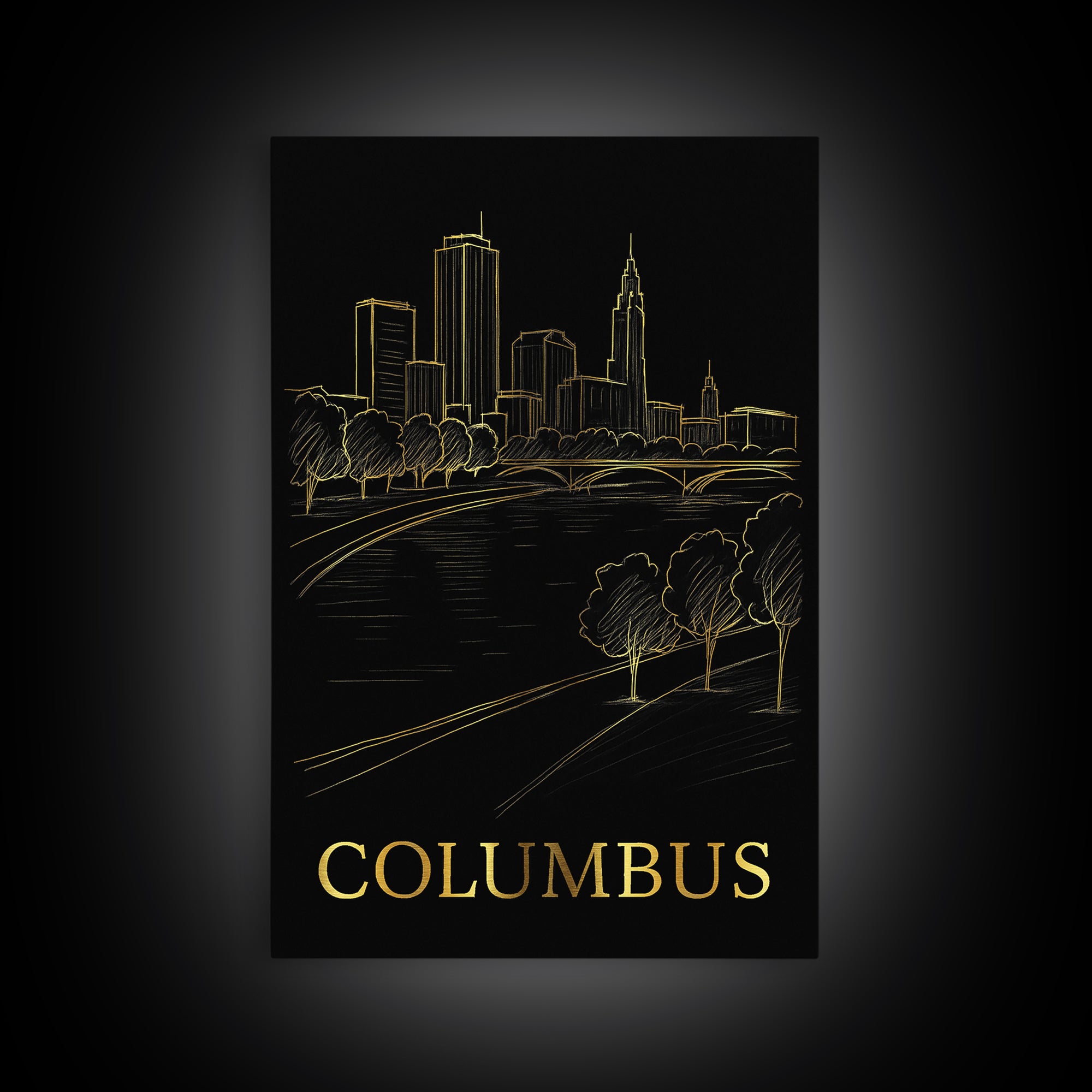 Columbus Travel Poster, Framed Canvas Print, Gold Sketch Wall Art, Columbus Art Print, Gift For Travelers, Vintage Travel Art, Design 5
