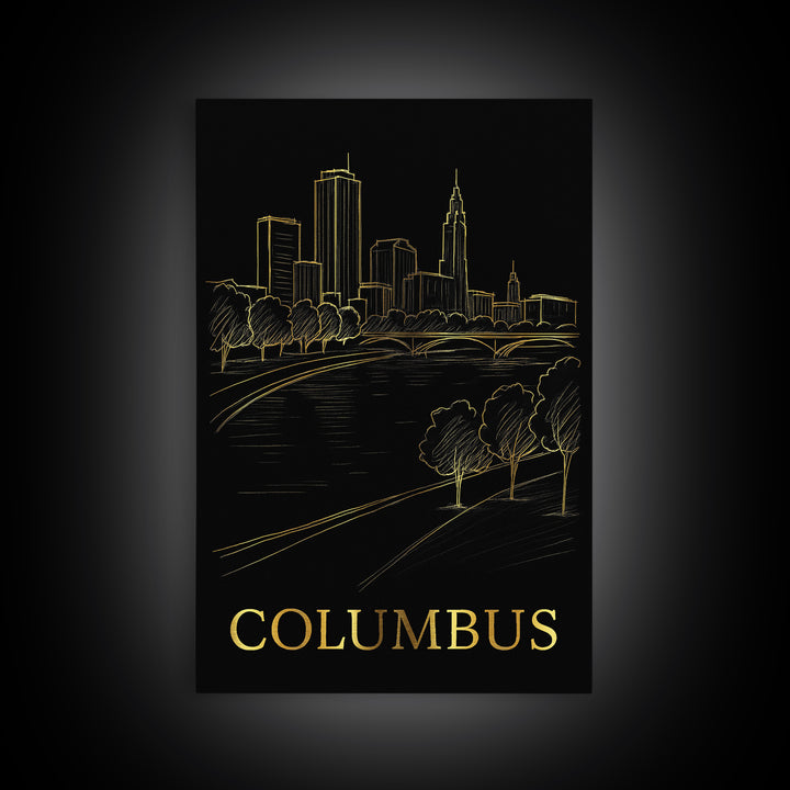 Columbus Travel Poster, Framed Canvas Print, Gold Sketch Wall Art, Columbus Art Print, Gift For Travelers, Vintage Travel Art, Design 5