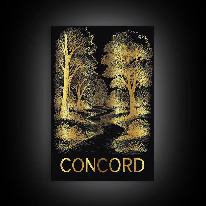 Concord Travel Poster, Canvas Print, Elegant Gold City Art, Concord Travel Art, City Illustration, Wanderlust Decor, Travel Art Print