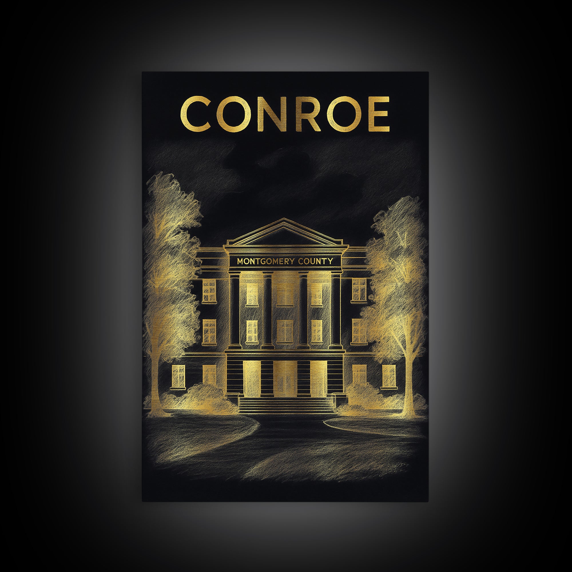 Conroe Texas Travel Poster, Canvas Print, Black And Gold Line Art, Conroe Travel Art, Travel Wall Decor, City Art Print, Travel Poster Art