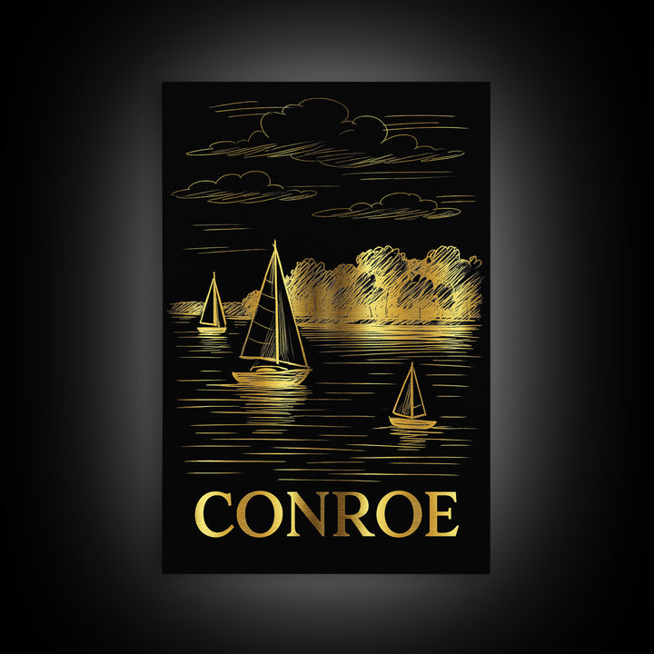 Conroe Travel Poster, Canvas Print, Black And Gold Line Art, Conroe City Art, Travel Wall Decor, Retro Travel Print, Home Office Decor