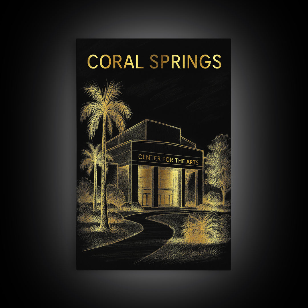 Coral Springs Florida Travel Poster, Canvas Print, Gold Sketch Wall Art, Coral Springs City Art, Office Decor, Modern Wall Decor, Design 1