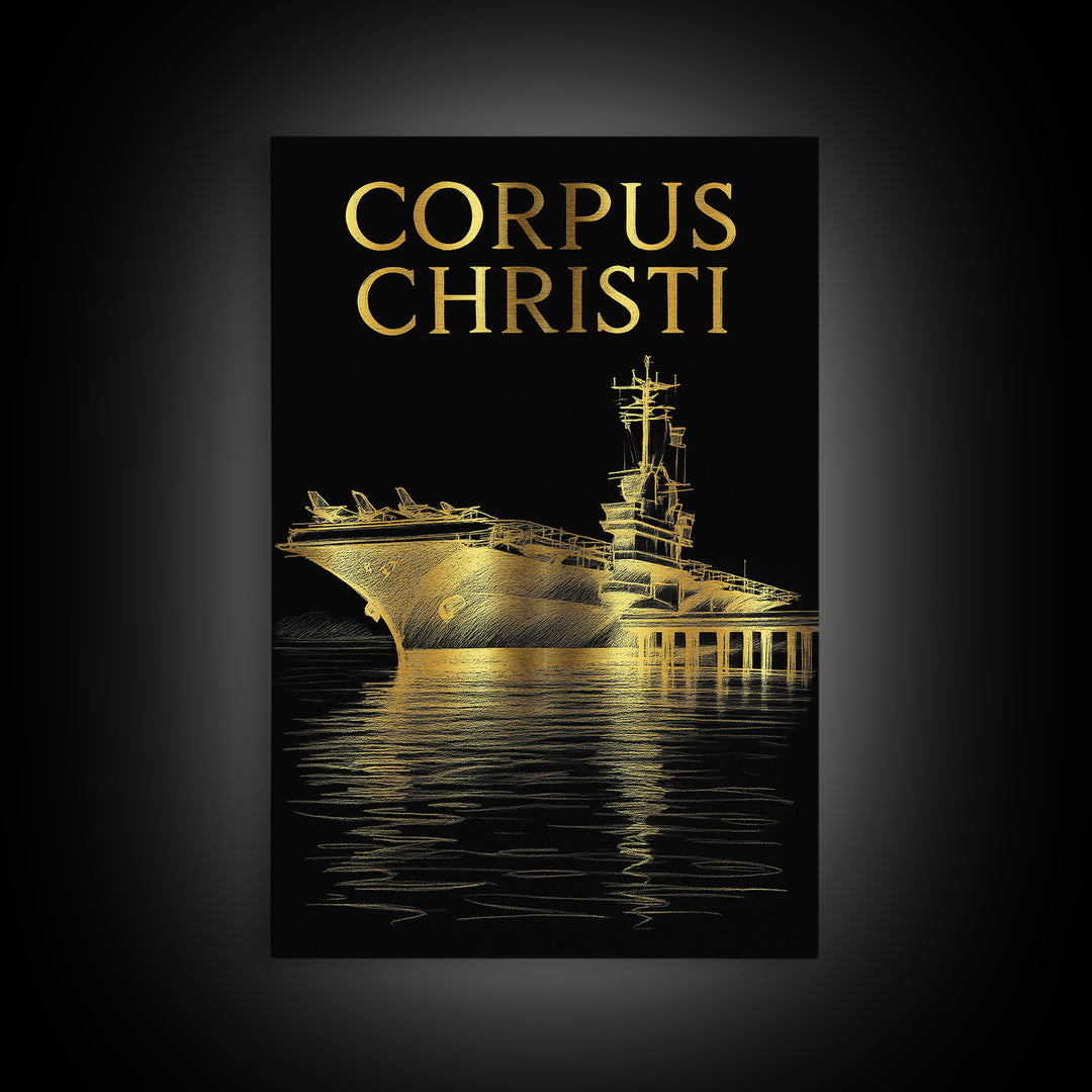 Corpus Christi Travel Poster, Framed Canvas Print, Elegant Gold City Art, Corpus Christi Art Print, Travel Wall Decor, Living Room Wall Art