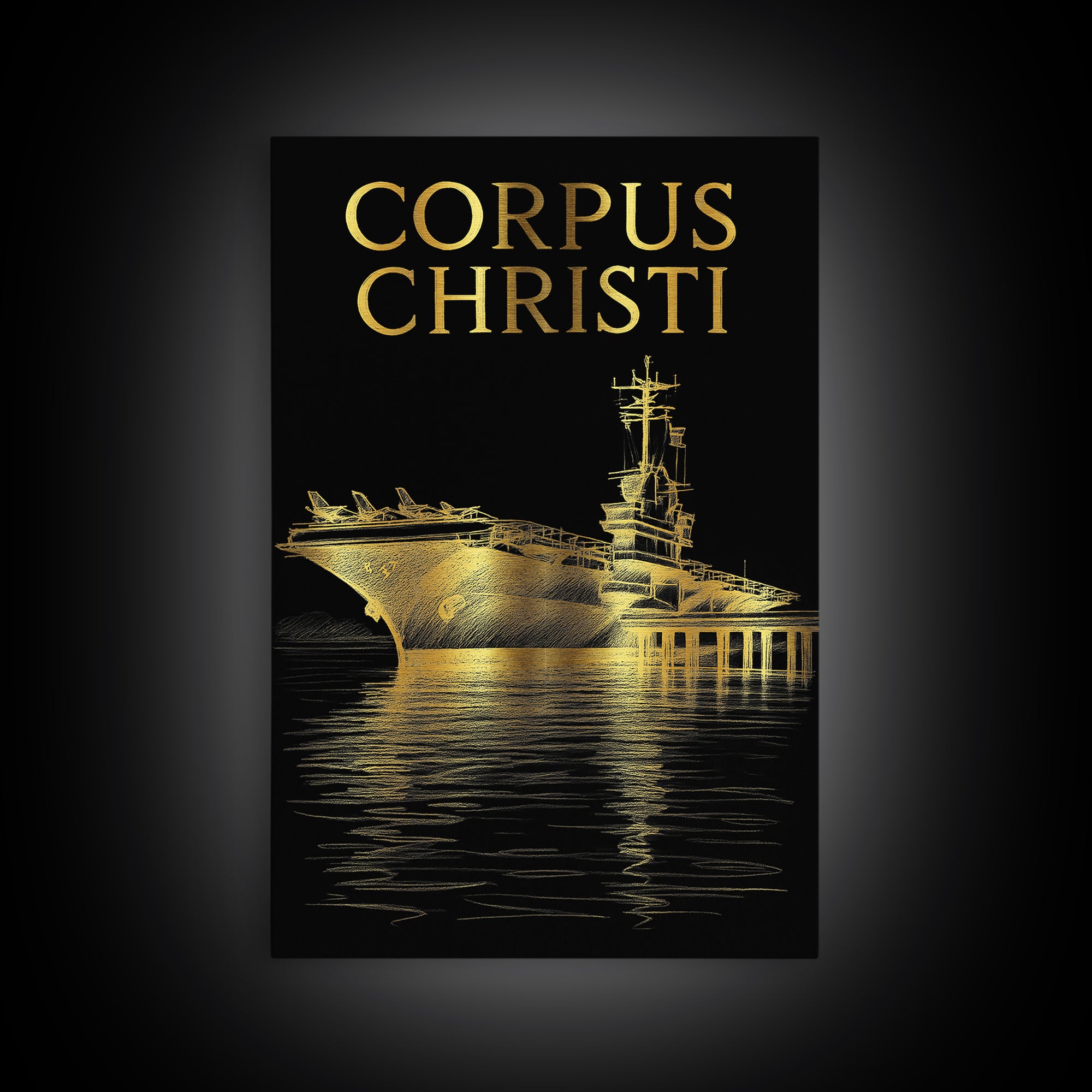 Corpus Christi Travel Poster, Framed Canvas Print, Elegant Gold City Art, Corpus Christi Art Print, Travel Wall Decor, Living Room Wall Art