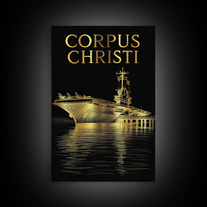 Corpus Christi Travel Poster, Framed Canvas Print, Elegant Gold City Art, Corpus Christi Art Print, Travel Wall Decor, Living Room Wall Art