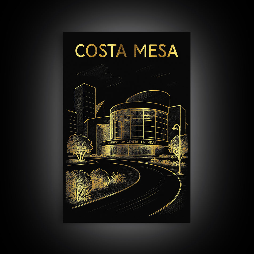Costa Mesa California Travel Poster, Framed Canvas Print, Gold Sketch Wall Art, Costa Mesa City Art, Travel Poster Art, Mid Century Wall Art