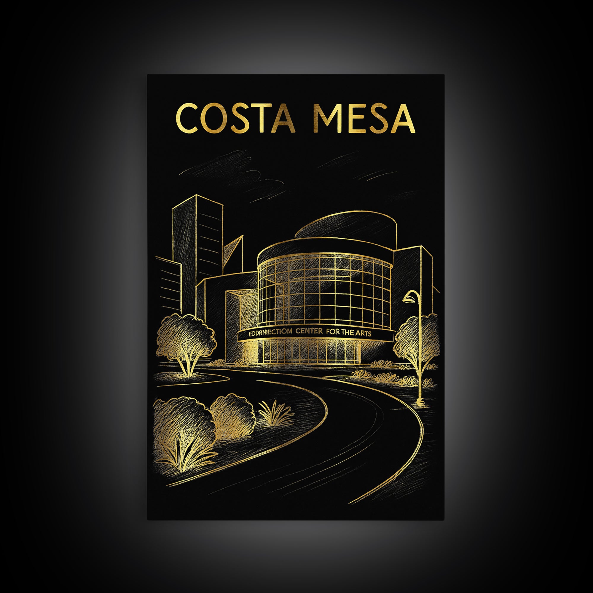 Costa Mesa California Travel Poster, Framed Canvas Print, Gold Sketch Wall Art, Costa Mesa City Art, Travel Poster Art, Mid Century Wall Art