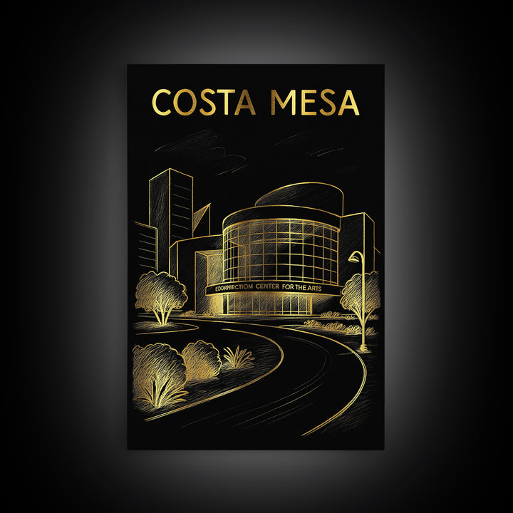 Costa Mesa California Travel Poster, Framed Canvas Print, Gold Sketch Wall Art, Costa Mesa City Art, Travel Poster Art, Mid Century Wall Art