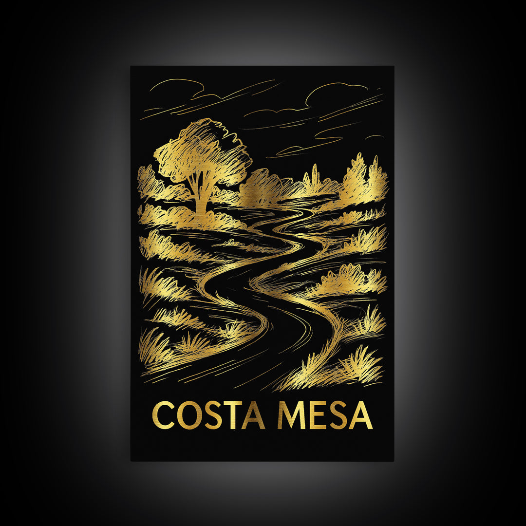 Costa Mesa Travel Poster, Framed Canvas Print, Black And Gold Line Art, Costa Mesa Art Print, Home Office Decor, Living Room Wall Art