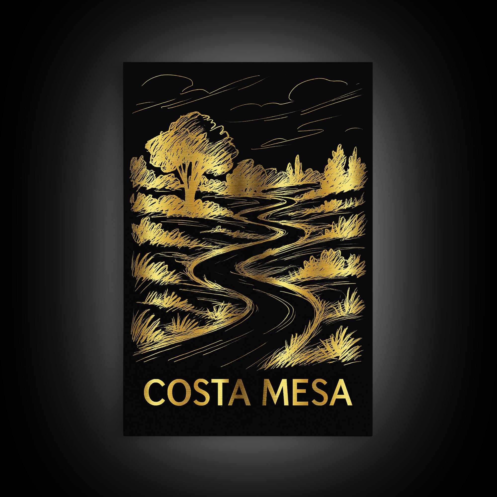 Costa Mesa Travel Poster, Framed Canvas Print, Black And Gold Line Art, Costa Mesa Art Print, Home Office Decor, Living Room Wall Art