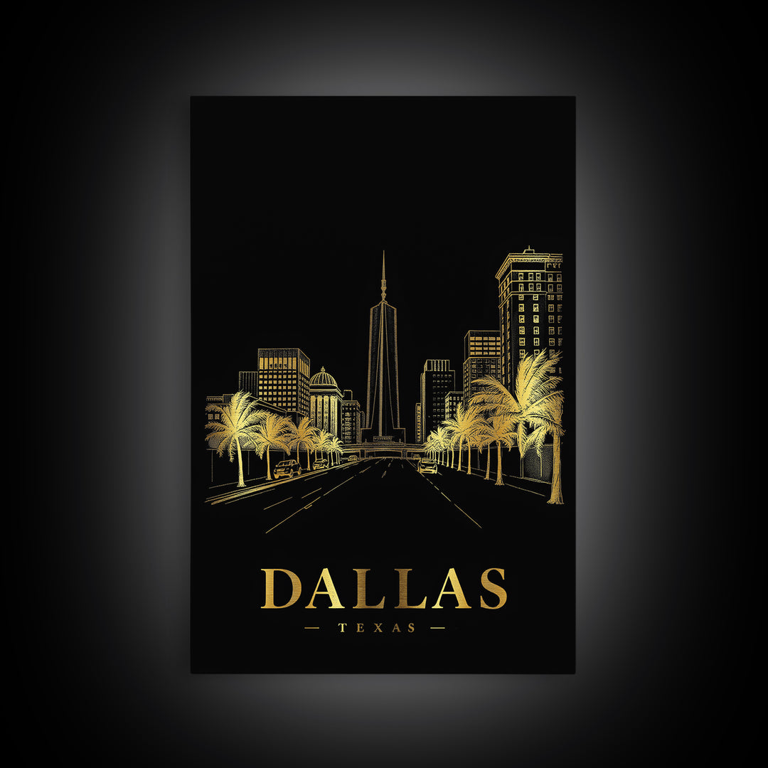 Dallas Texas Travel Poster, Canvas Print, Gold Sketch Wall Art, Dallas Wall Art, Travel Wall Art, Art Print, Vintage City Art, Art Print