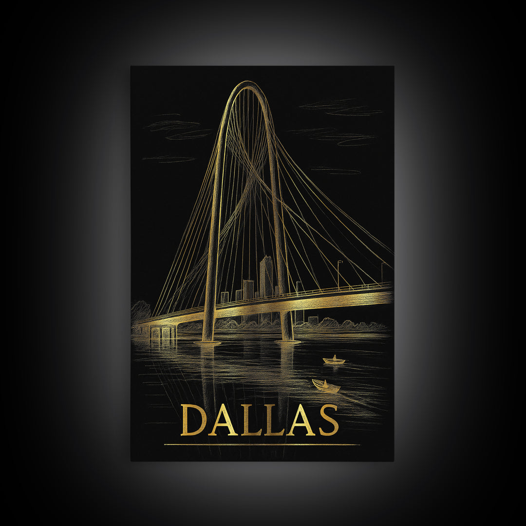 Dallas Travel Poster, Framed Canvas Print, Black And Gold Line Art, Dallas Wall Art, Fine Art Print, Vintage City Poster, City Illustration