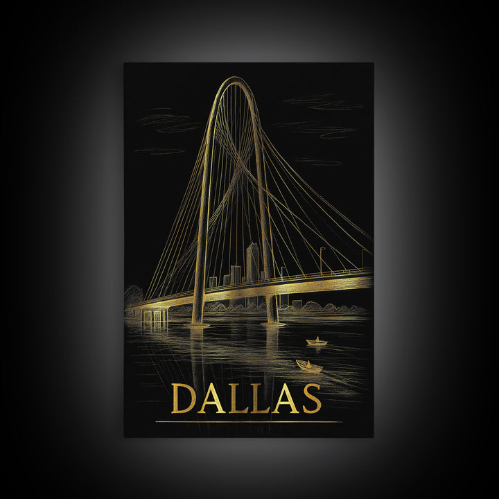 Dallas Travel Poster, Framed Canvas Print, Black And Gold Line Art, Dallas Wall Art, Fine Art Print, Vintage City Poster, City Illustration