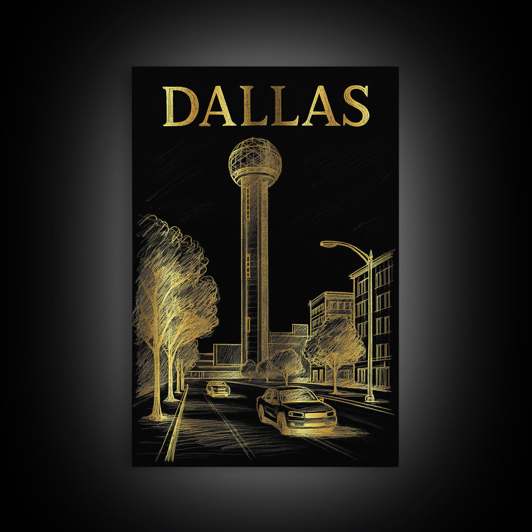 Dallas Travel Poster, Framed Canvas Print, Black And Gold Line Art, Dallas Poster Print, Vintage Travel Print, Travel Poster Set