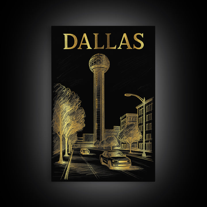 Dallas Travel Poster, Framed Canvas Print, Black And Gold Line Art, Dallas Poster Print, Vintage Travel Print, Travel Poster Set
