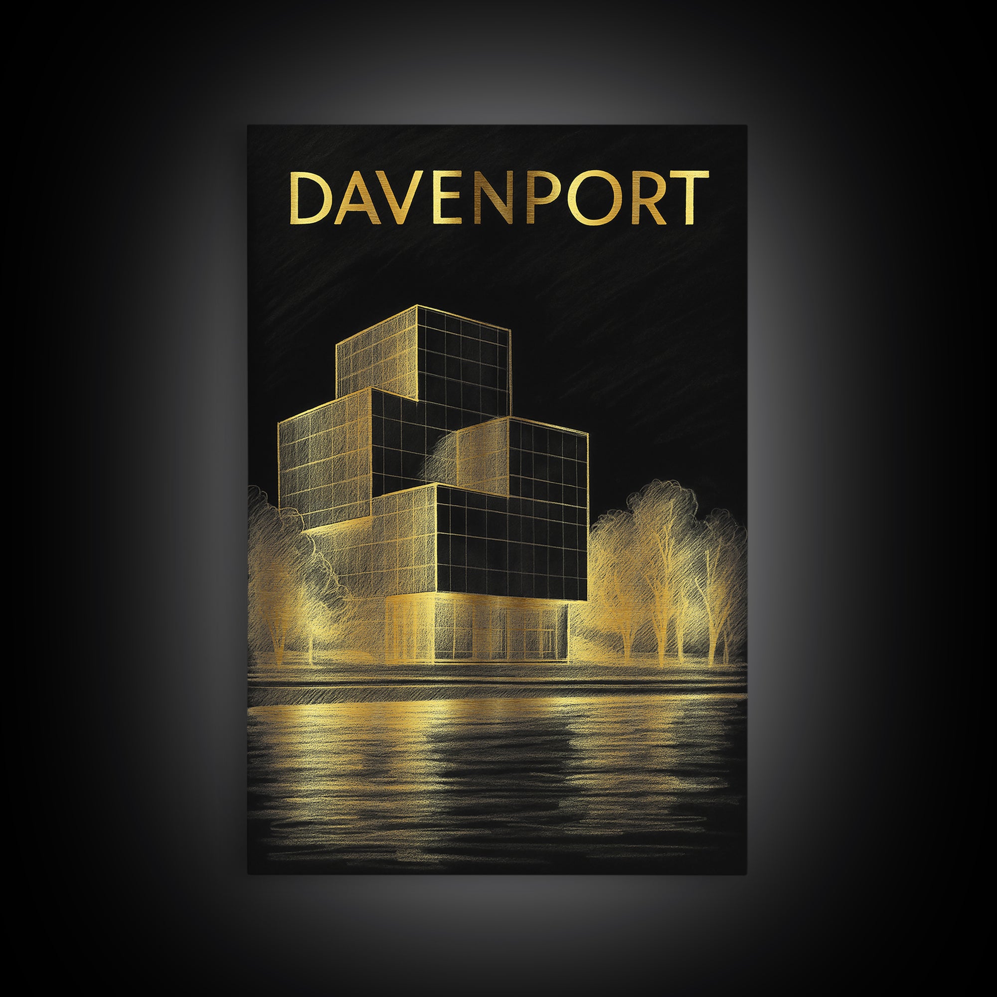 Davenport Iowa Travel Poster, Framed Canvas Print, Dark Background Poster Art, Davenport Wall Art, Gift For Travelers, Modern Wall Decor