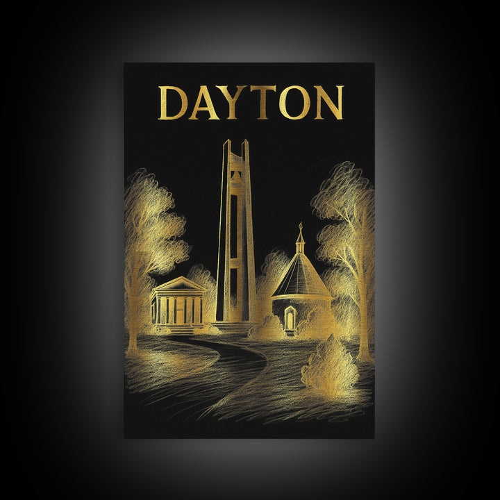 Dayton Ohio Travel Poster, Canvas Print, Black And Gold Line Art, Dayton Art Print, Travel Art Print, Gift For Travelers, Travel Print