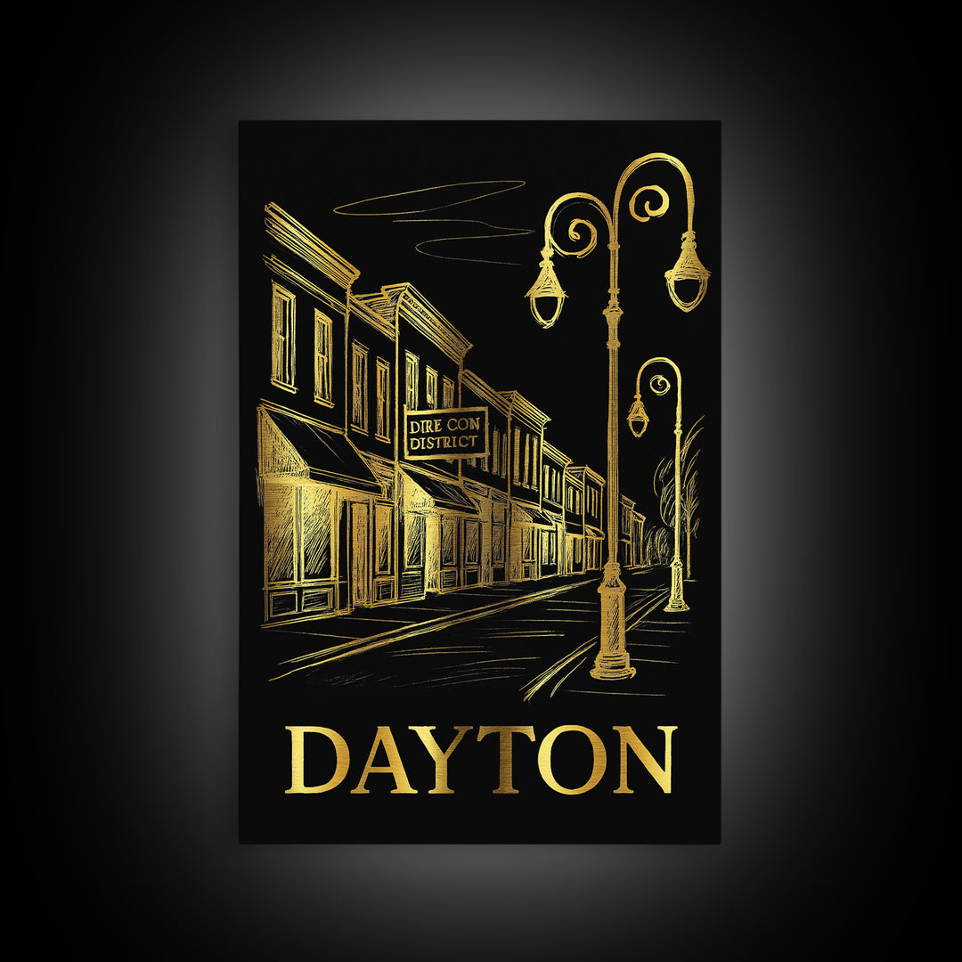 Dayton Travel Poster, Canvas Print, Gold Sketch Wall Art, Dayton City Art, Home Office Decor, Living Room Wall Art, Watercolor Skyline