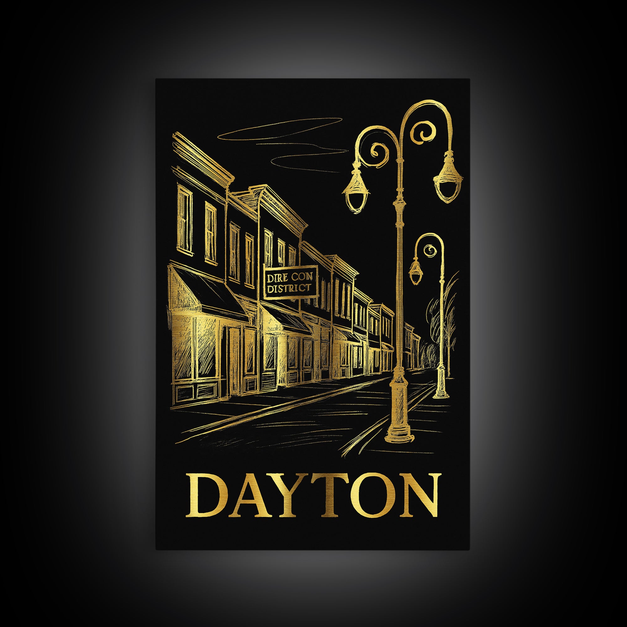 Dayton Travel Poster, Canvas Print, Gold Sketch Wall Art, Dayton City Art, Home Office Decor, Living Room Wall Art, Watercolor Skyline