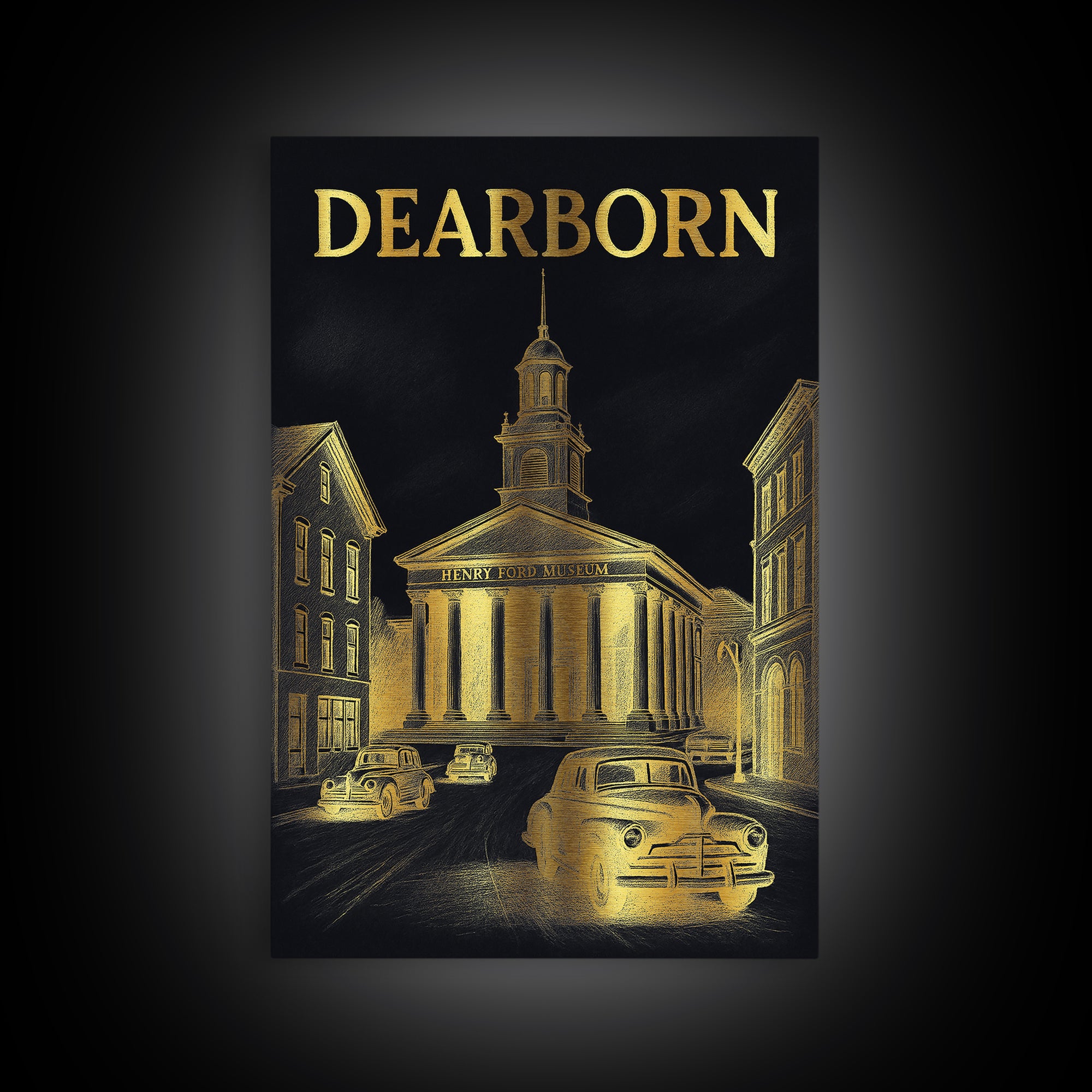 Dearborn Travel Poster, Framed Canvas Print, Gold Sketch Wall Art, Dearborn Poster Print, Travel Poster Art, Wanderlust Decor, Design 1