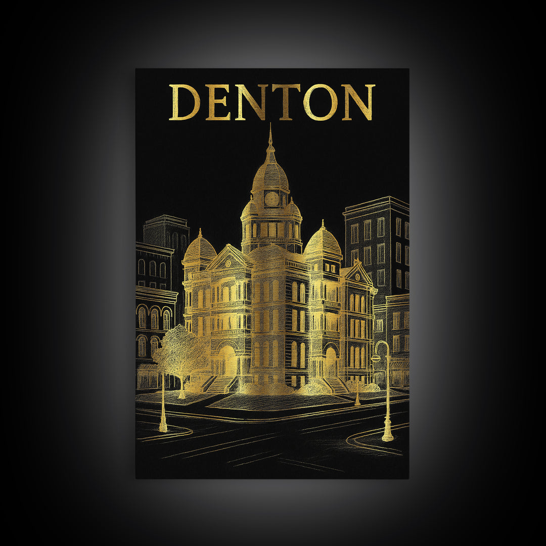 Denton Texas Travel Poster, Canvas Print, Black And Gold Line Art, Denton Travel Art, Vintage Travel Art, Travel Poster Art, Poster Art