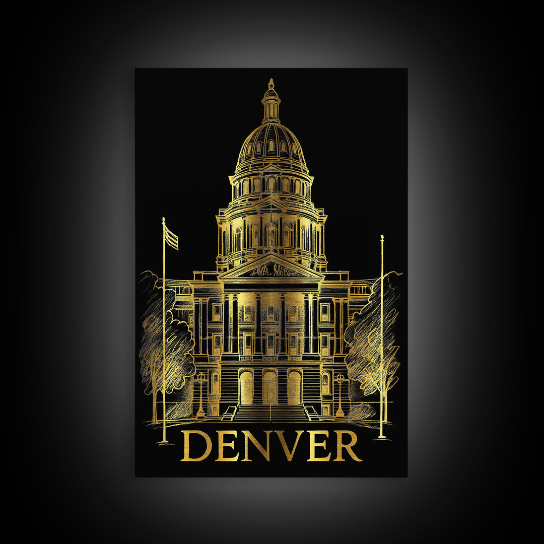 Denver Travel Poster, Framed Canvas Print, Black And Gold Line Art, Denver Travel Art, Fine Art Print, Travel Wall Decor, Home Office Decor