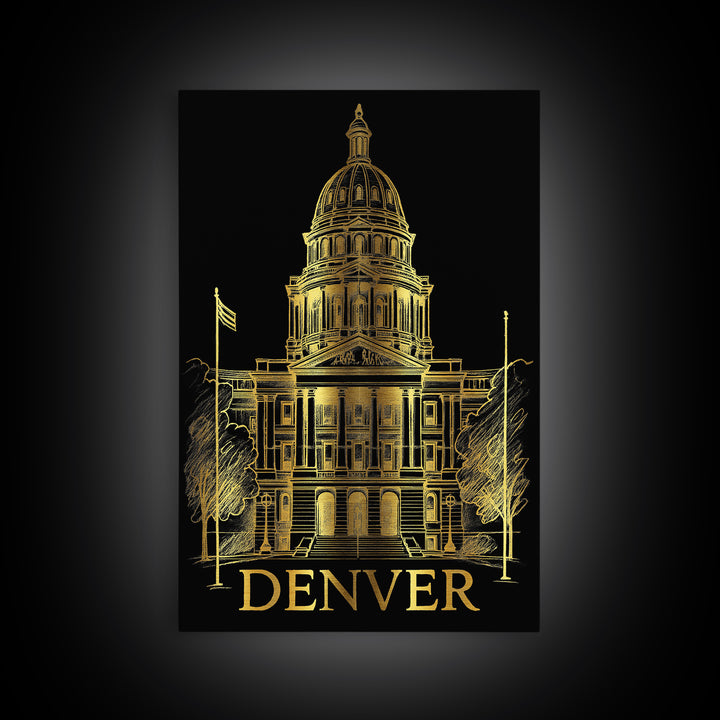 Denver Travel Poster, Framed Canvas Print, Black And Gold Line Art, Denver Travel Art, Fine Art Print, Travel Wall Decor, Home Office Decor