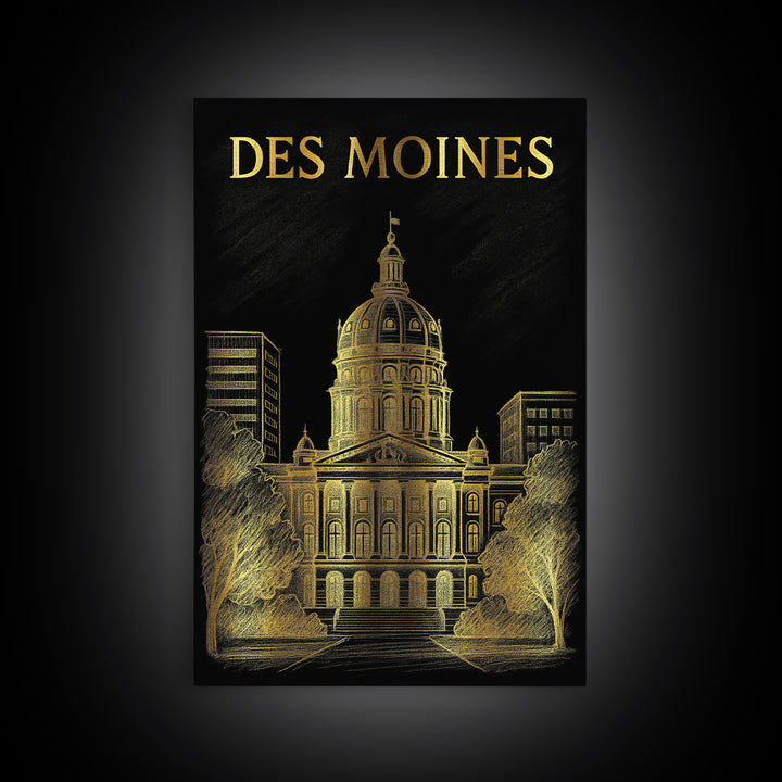 Des Moines Iowa Travel Poster, Canvas Print, Elegant Gold City Art, Des Moines Travel Art, Travel Art Print, Skyline Art, City Art Print