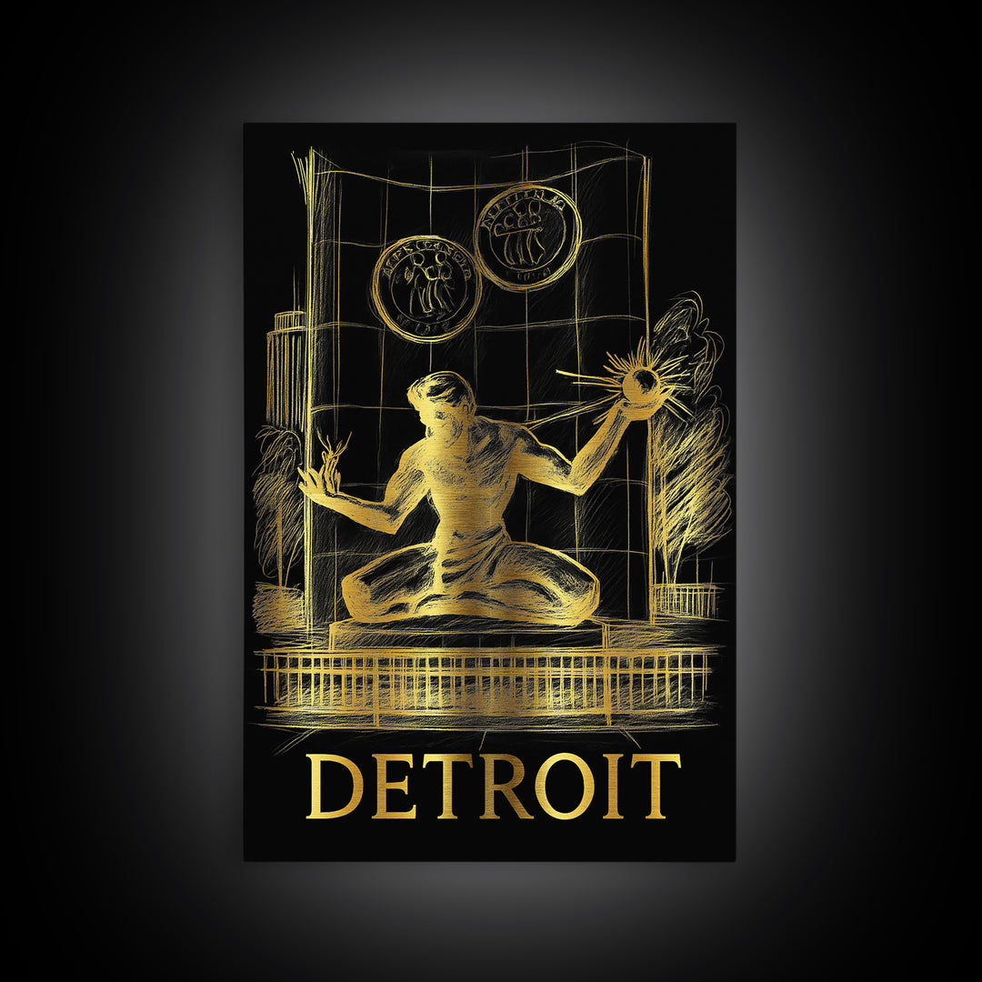 Detroit Travel Poster, Canvas Print, Gold Sketch Wall Art, Detroit Travel Art, Mid Century Wall Art, City Travel Prints, Home Office Decor