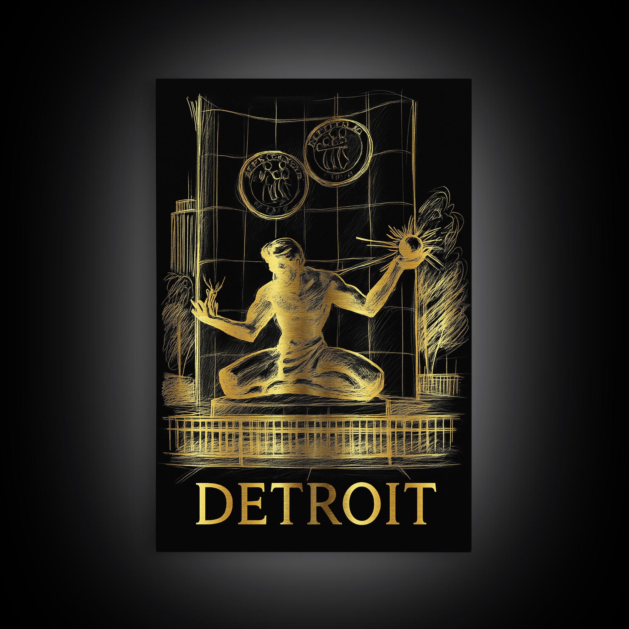 Detroit Travel Poster, Canvas Print, Gold Sketch Wall Art, Detroit Travel Art, Mid Century Wall Art, City Travel Prints, Home Office Decor